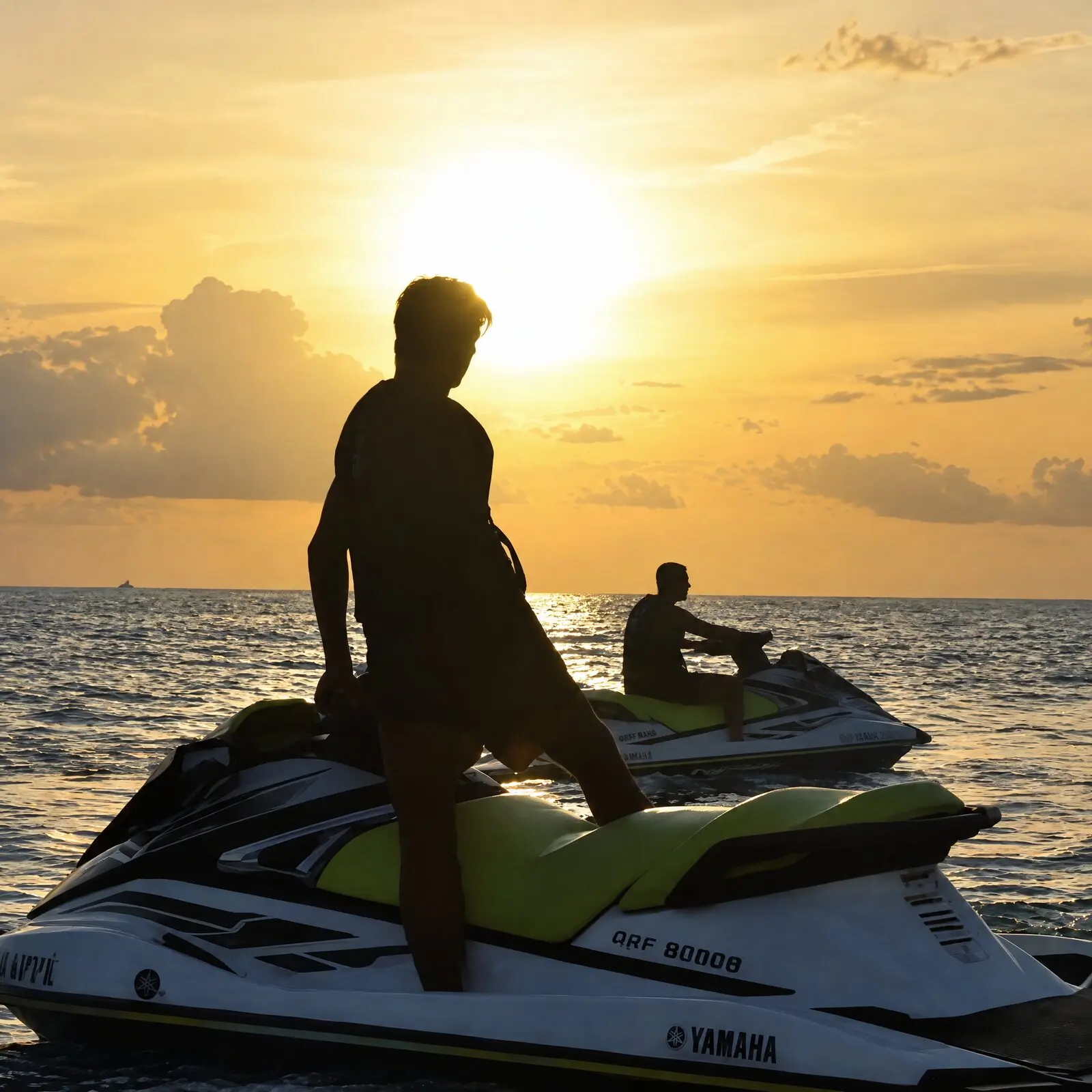Un pilote debout sur son jet ski, en silhouette devant le soleil couchant, un autre jet ski derrière lui